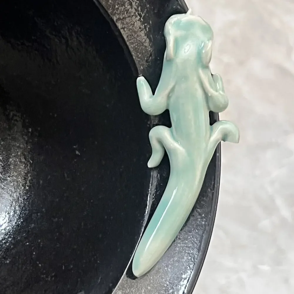 Handmade Black Ceramic Serving Bowl With Reactive Glaze & Green Lizard On Rim